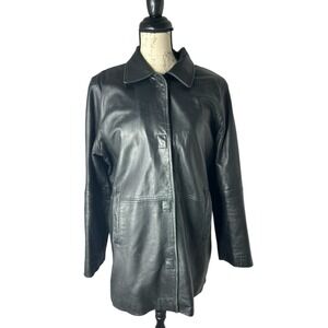 VTG JLC‎ New York Black Leather Lined Black Faux Fur Button Front Coat Women's M